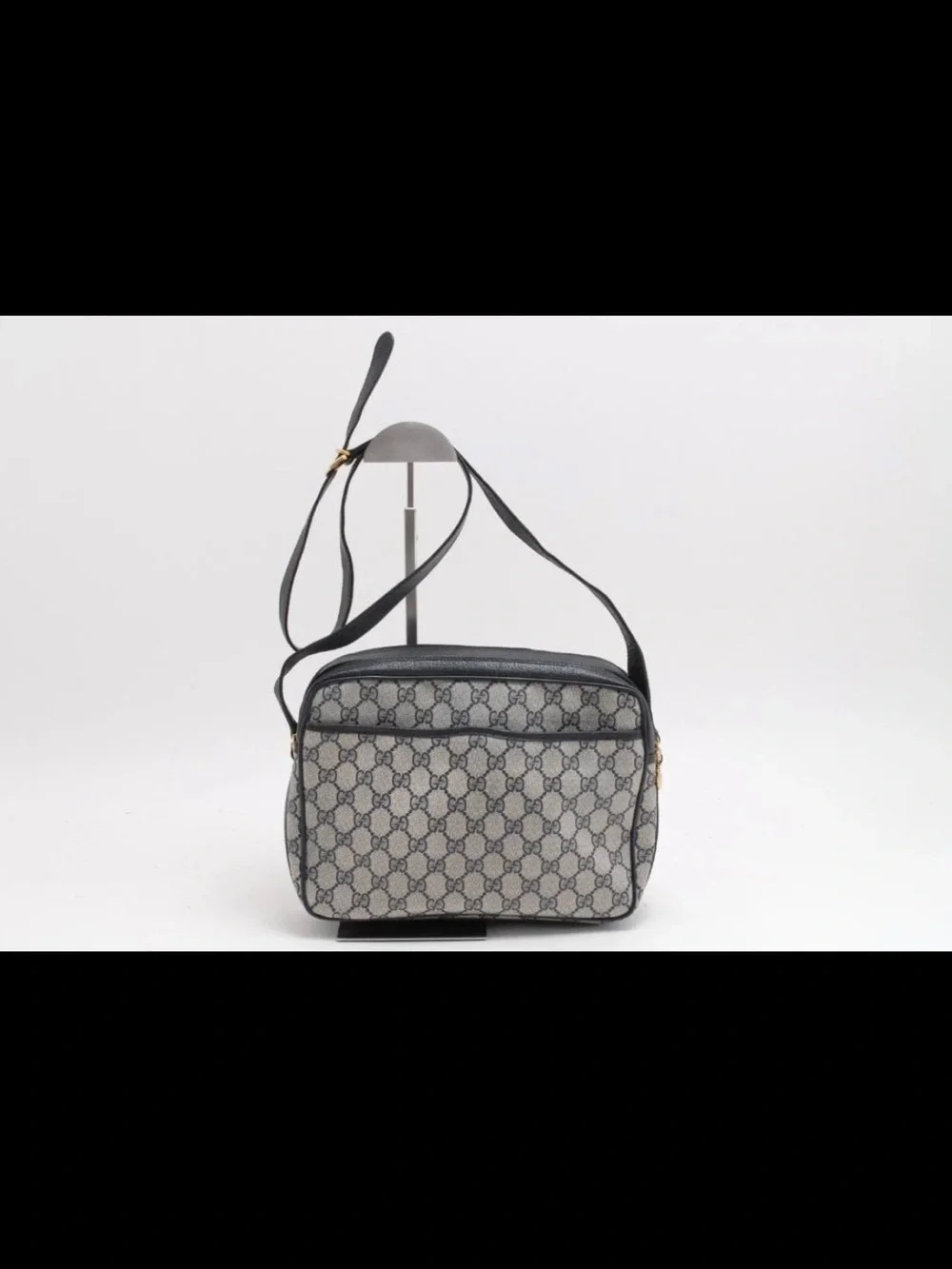 Gucci Navy GG Supreme Messenger Bag with Red-Green Stripe